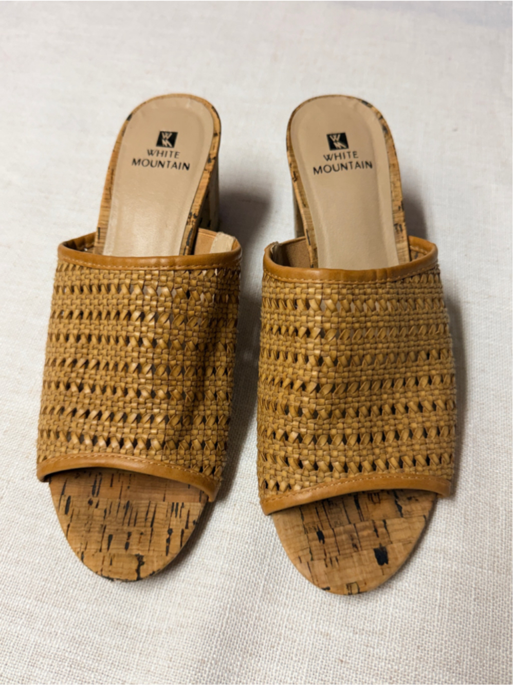 White Mountain Woven Raffia Cork Block Heel Slide Sandal Mules Tan Cognac 8.5M